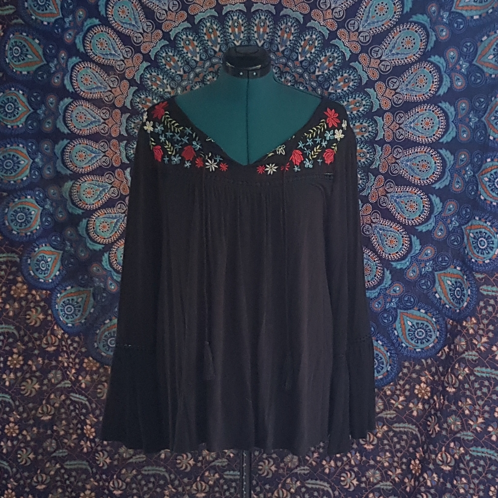 Embroidered bell sleeve peasant style top